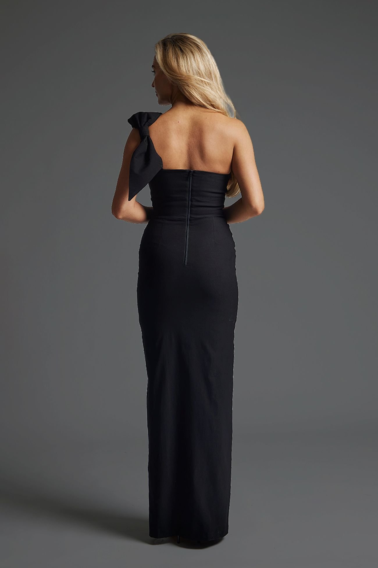 Vesper Vesper Women's Bow Shoulder Maxi Dress with Side Split in Black - 4