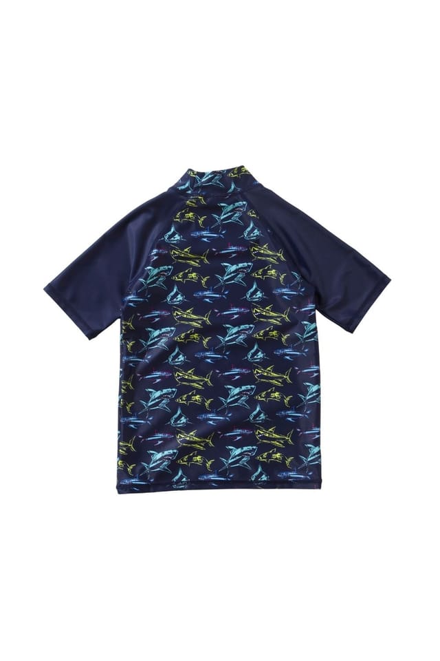 H2O H2O Men's Shark Short Sleeve Swim Rash Top in Dark Navy - 2