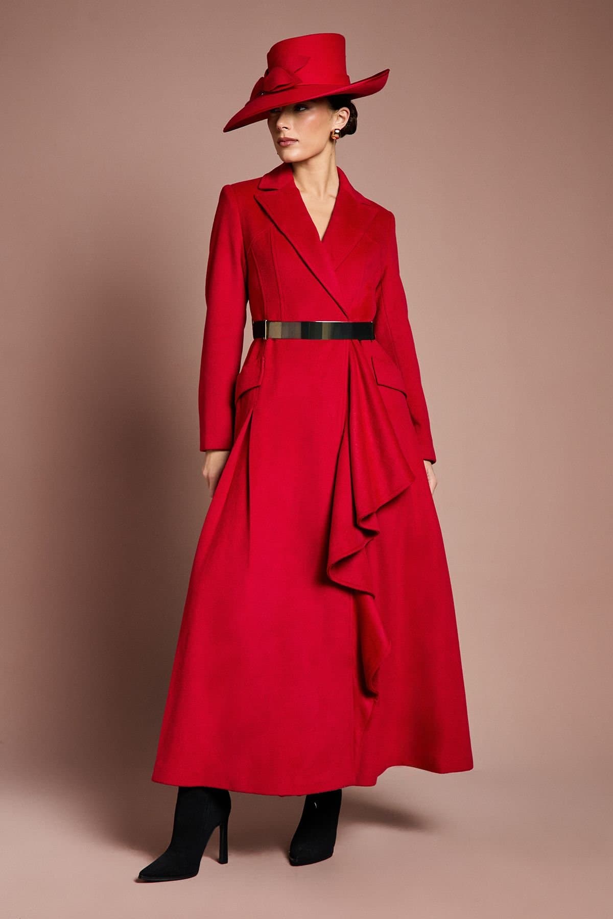 Coast Coast Women's Lisa Tan Occasion Gold Belt Ruffle Detail Longline Coat in Red