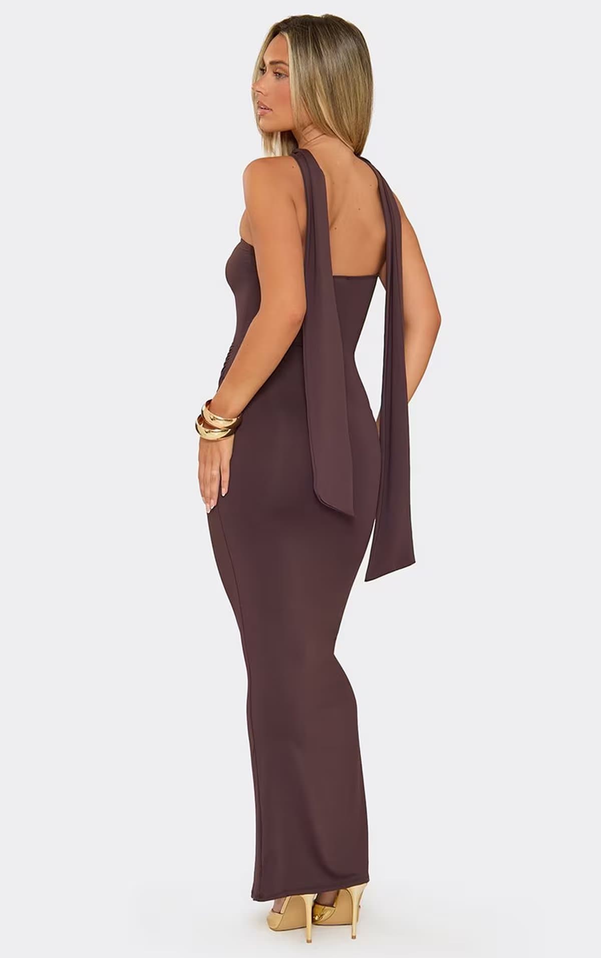 EGO Bandeau Scarf Detail Wrap Front Maxi Dress In Chocolate Brown, Women's Size UK 6