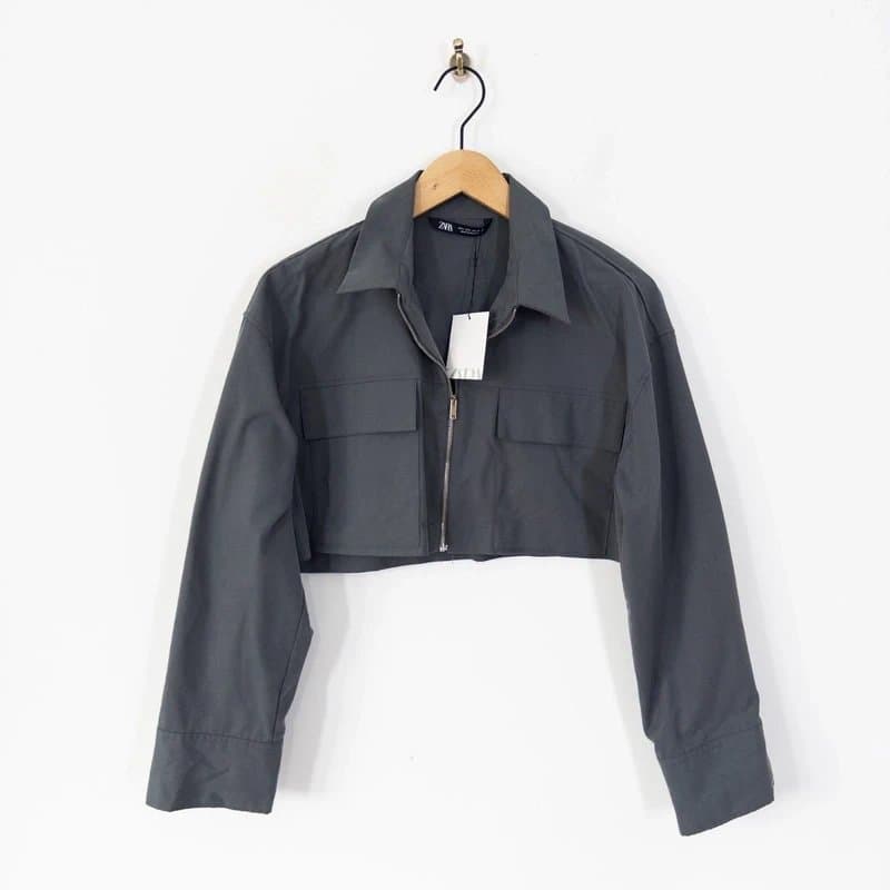 Zara Zara Cropped Garbardine Shirt Jacket Size L NEW Slate Grey Utility