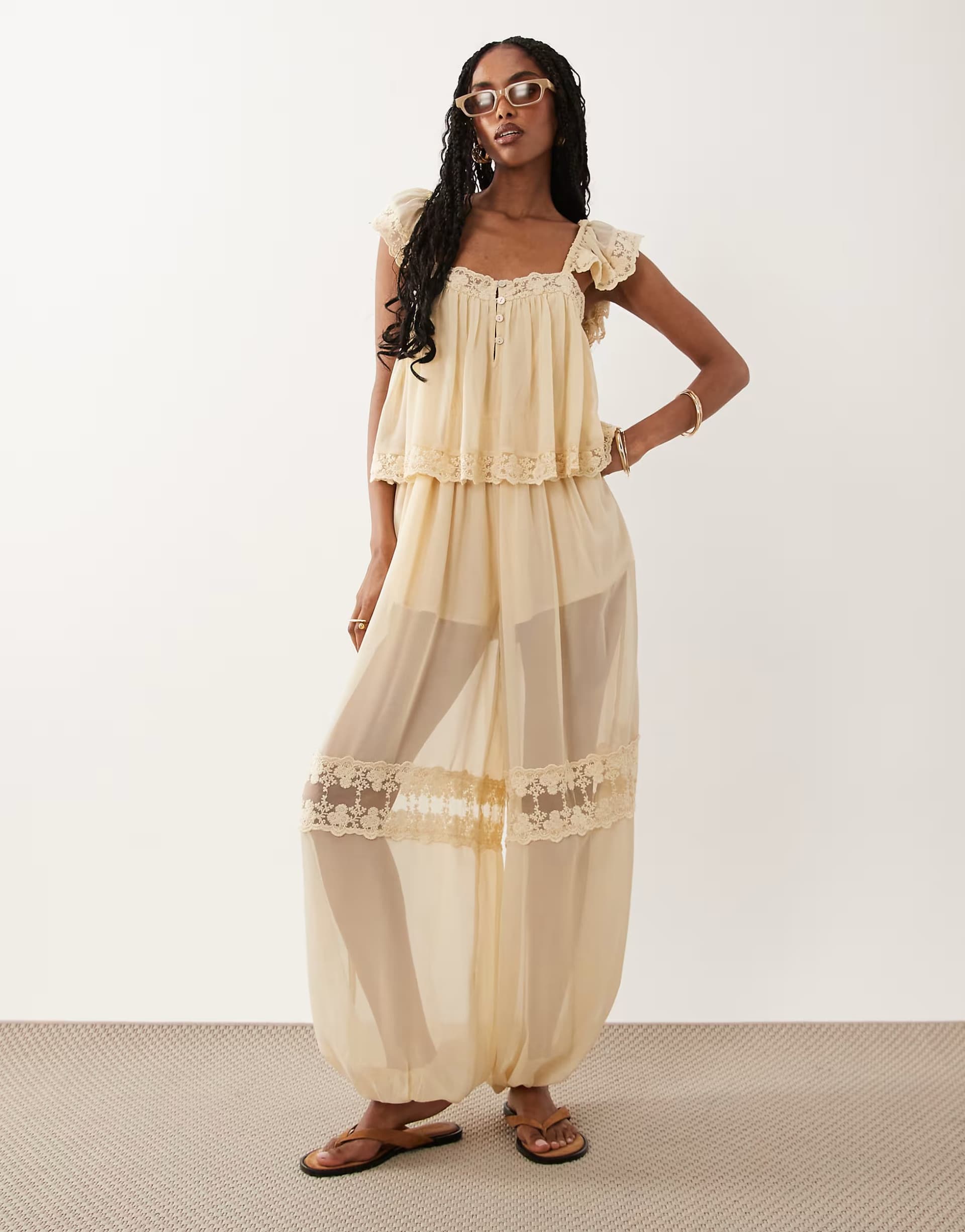 ASOS Miss Selfridge lace insert bloomer jumpsuit in ecru