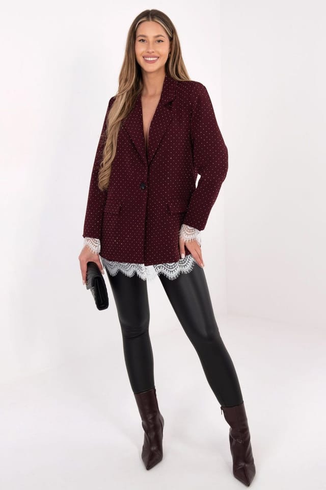 Love Lace Love Lace Women's Elegant Jet Embellished Lace Blazer in Burgundy - 2
