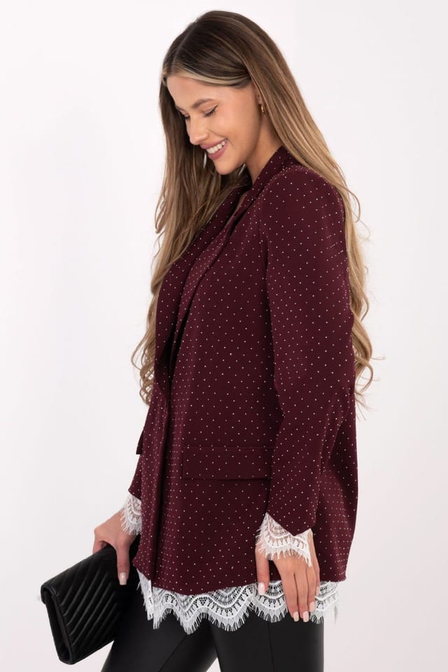 Love Lace Love Lace Women's Elegant Jet Embellished Lace Blazer in Burgundy - 3