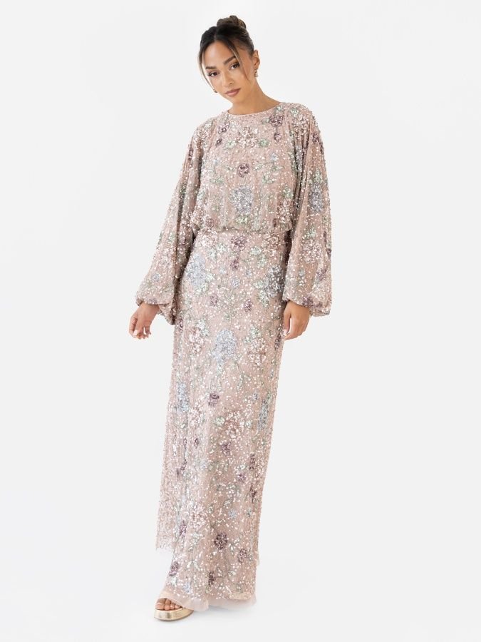 Maya Deluxe Maya Deluxe Women's Embellished Round Neck Long Sleeve Maxi Dress - 2