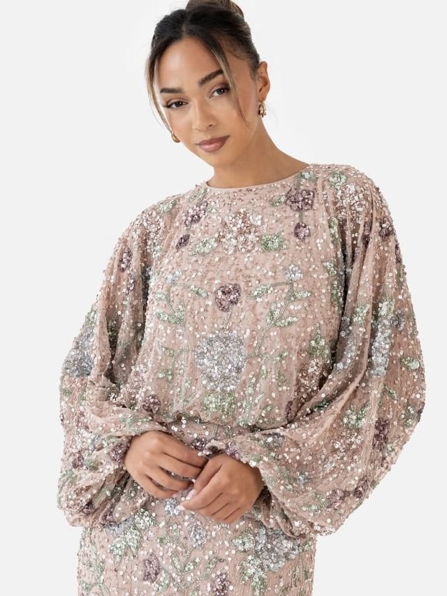 Maya Deluxe Maya Deluxe Women's Embellished Round Neck Long Sleeve Maxi Dress - 2