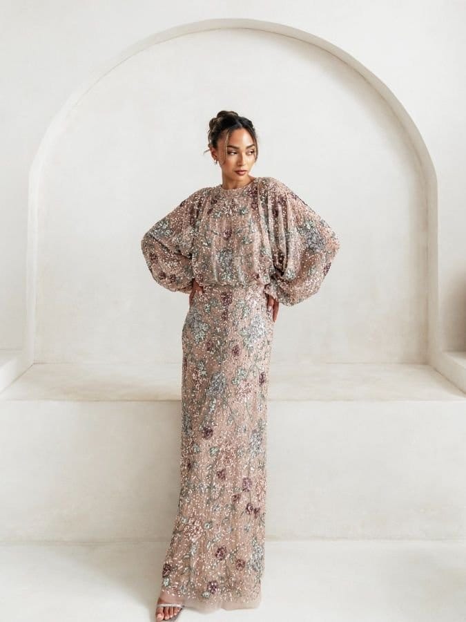 Maya Deluxe Maya Deluxe Women's Embellished Round Neck Long Sleeve Maxi Dress - 4