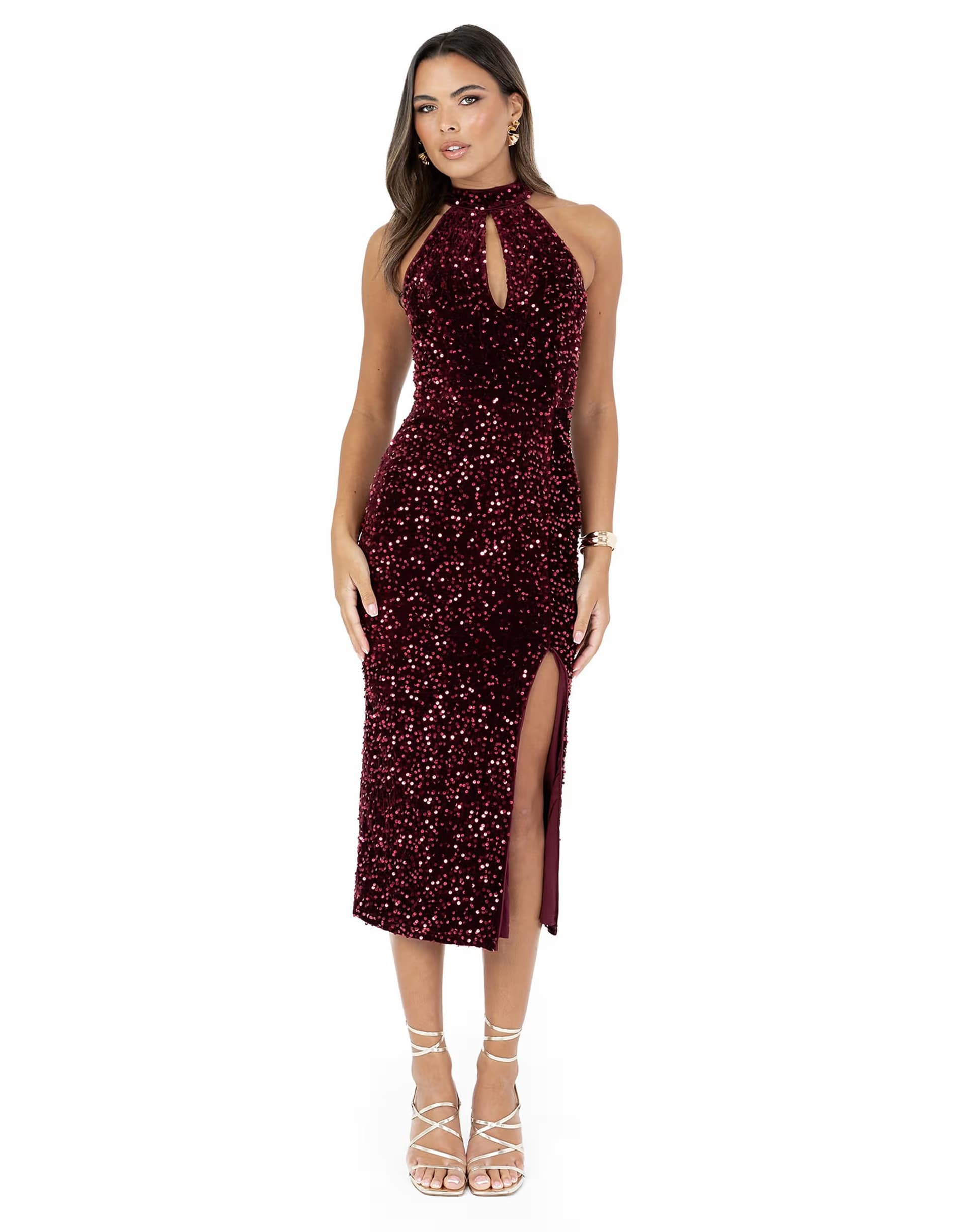 ASOS Maya Embellished velvet halter neck midi dress in burgundy