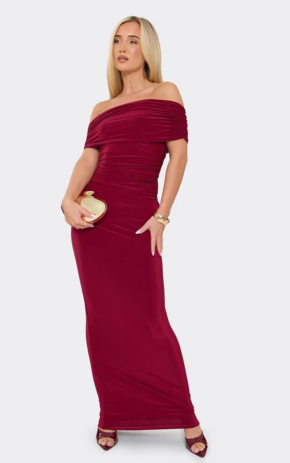 EGO Low Rise Maxi Skirt In Burgundy Slinky, Women's Size UK 6