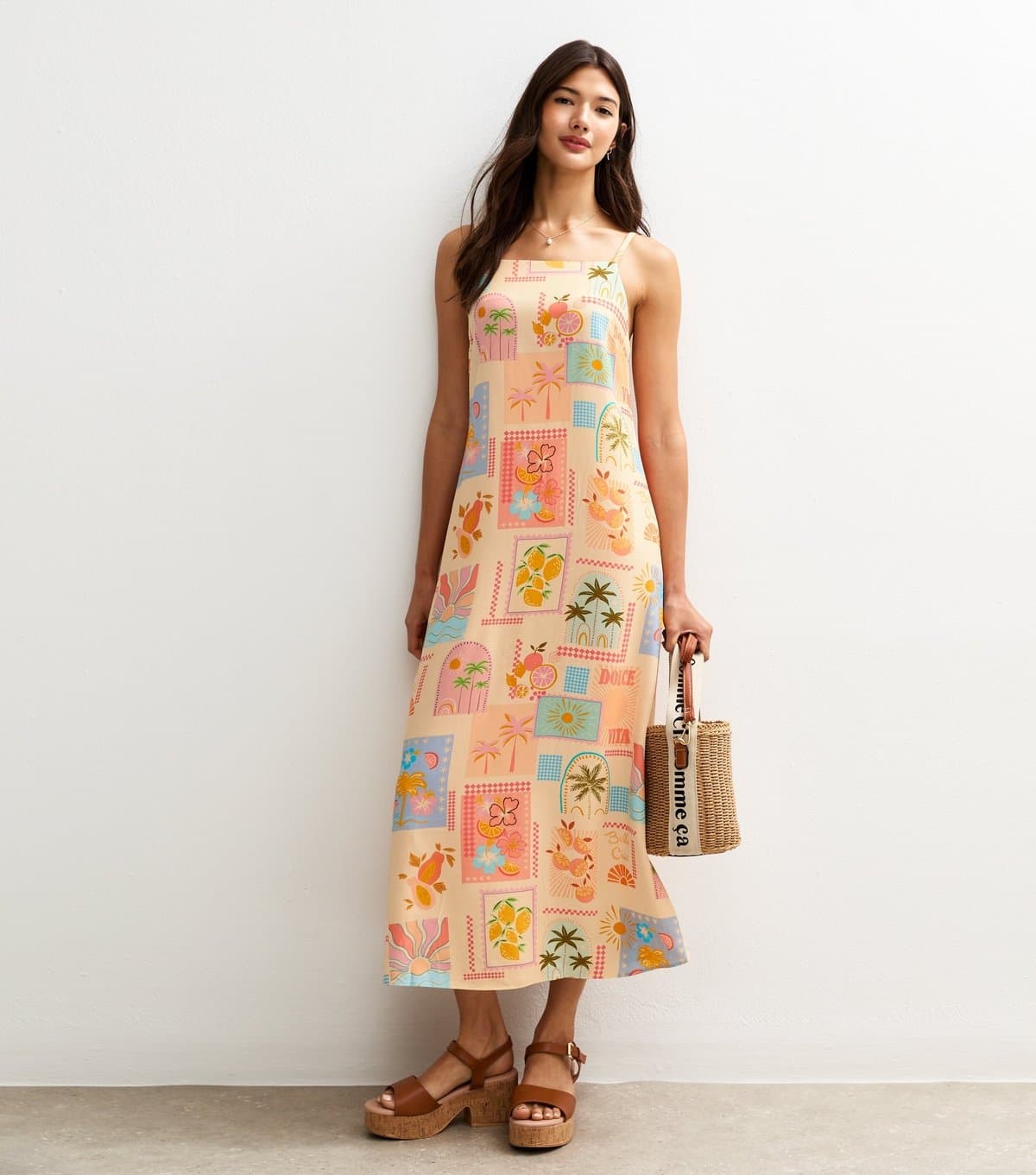 New Look Women's Cream Italy Print Square Neck Midi Dress New Look