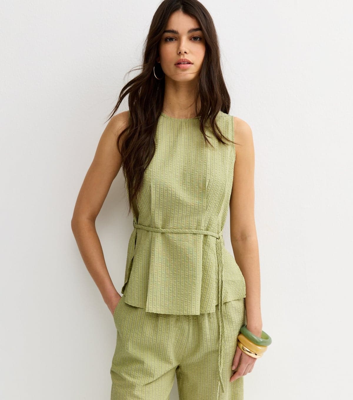 New Look Women's Green Pinstripe Longline Belt Tunic Top New Look