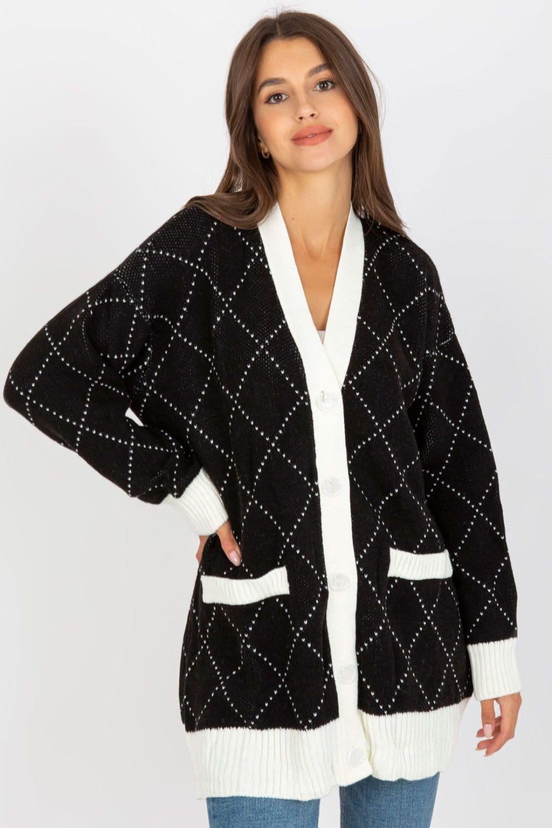 Love Lace Black & White Geometric Button-Up Sweater