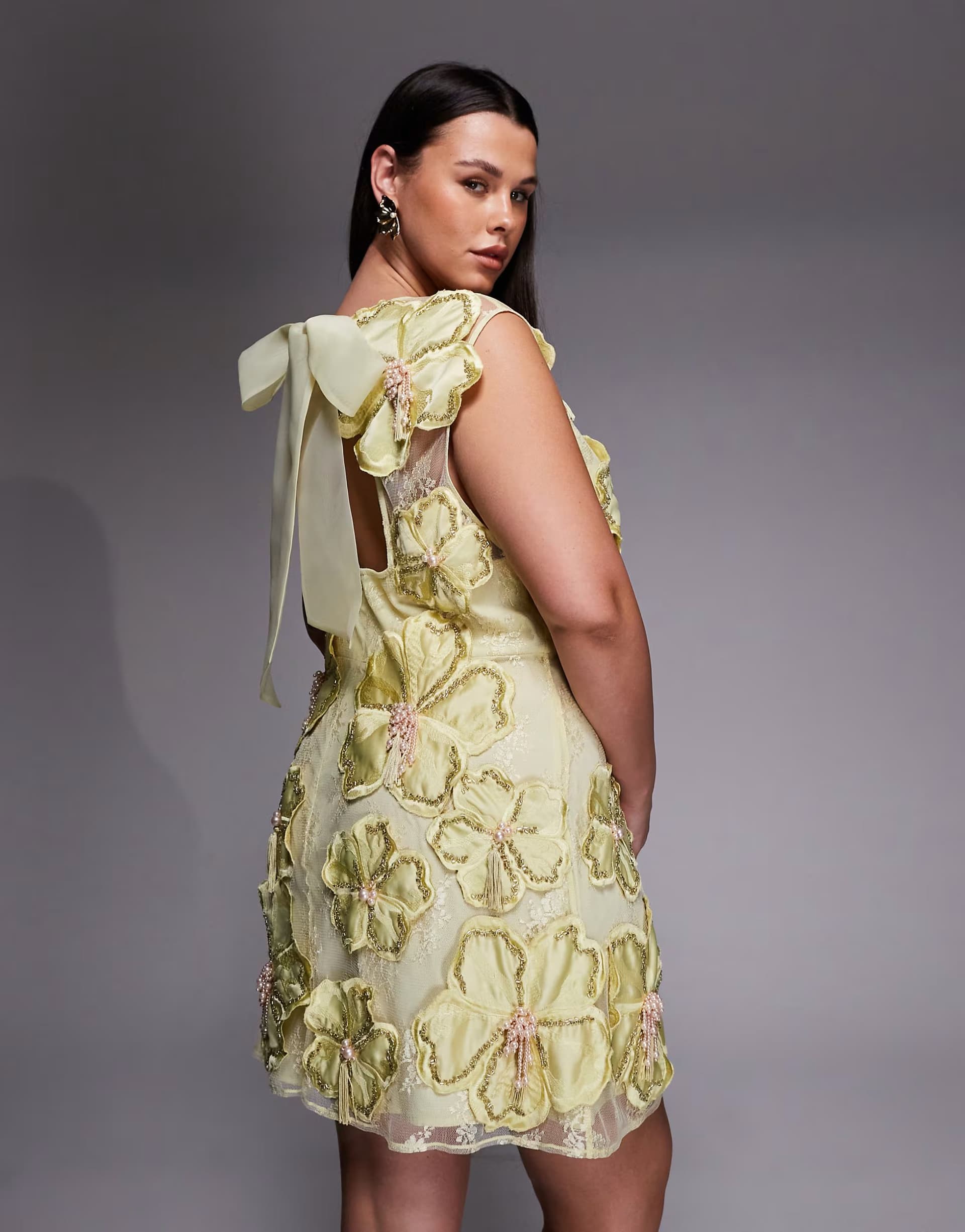 ASOS ASOS LUXE Curve embellished 3D floral lace mini dress with drop pearls in yellow
