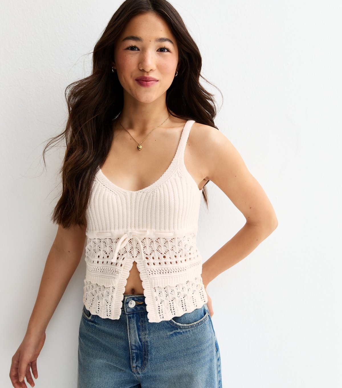 New Look Girls' Cream Tie Front Knit Cami Top New Look - 3