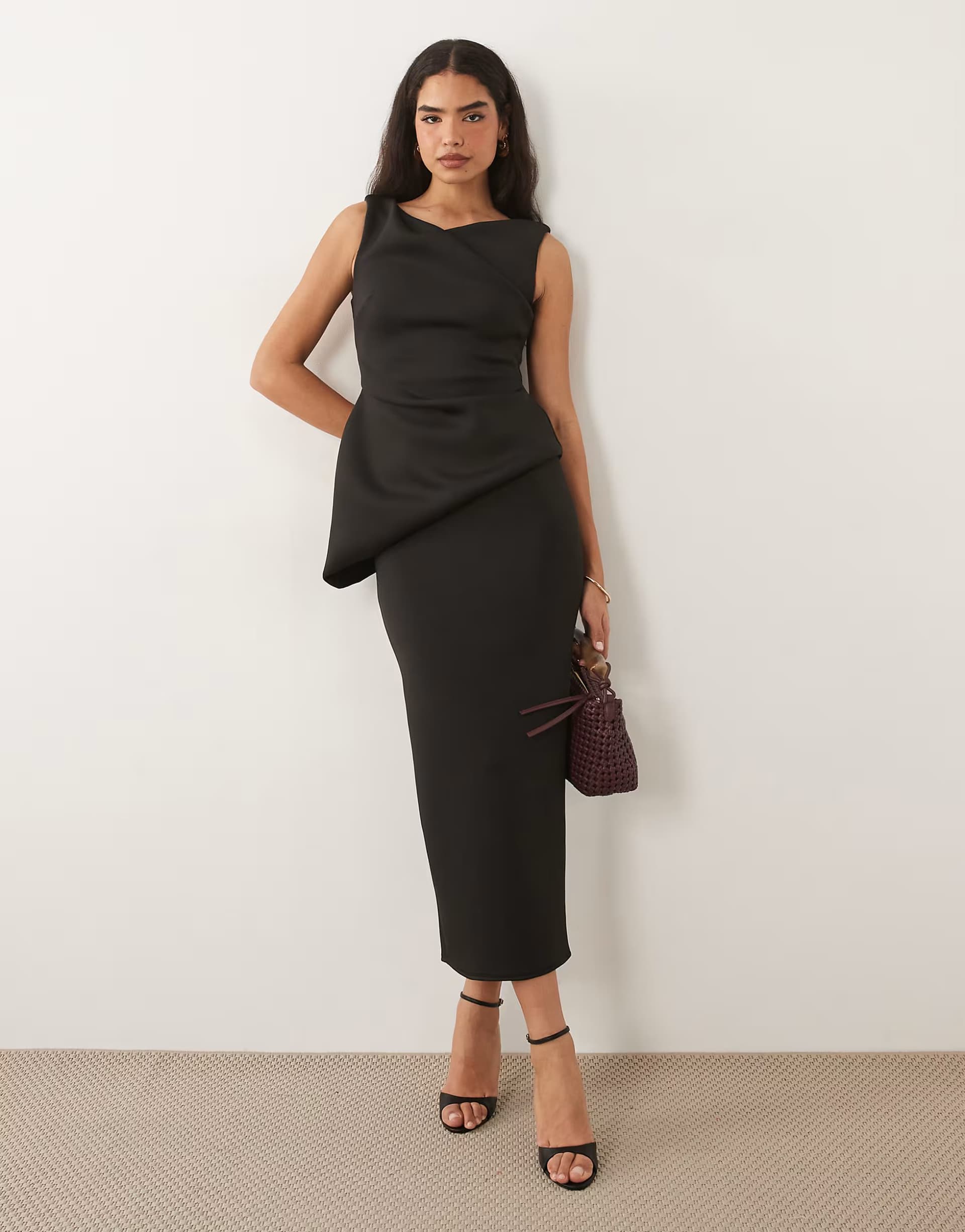 ASOS ASOS DESIGN drape asymmetric midi dress in black scuba-style fabric