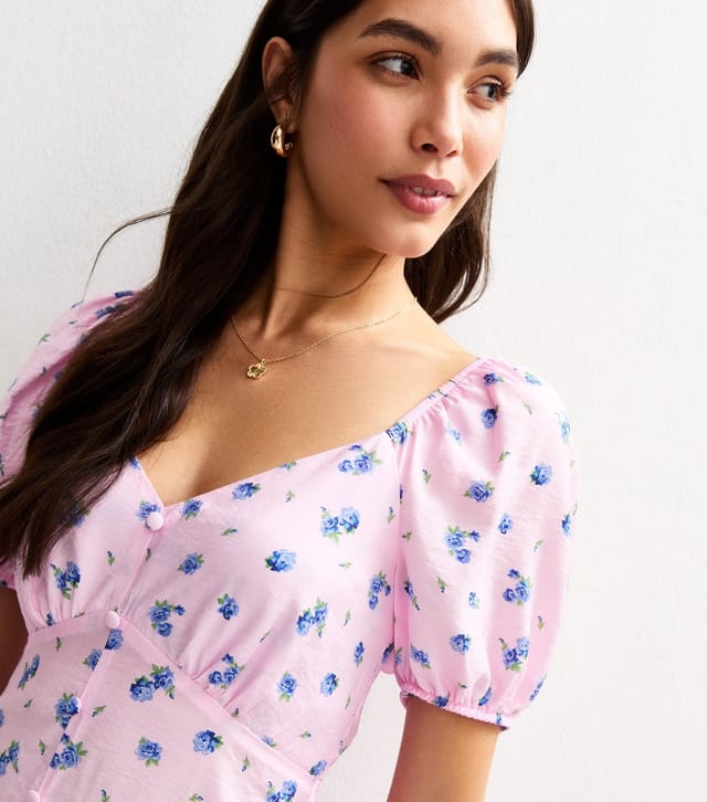 New Look Women's Pink Floral Print Puff Sleeve Tiered Midi Dress New Look - 3