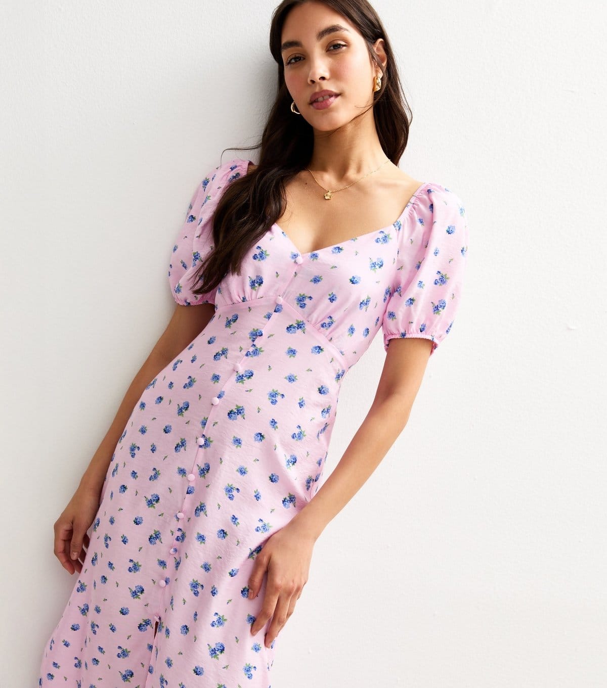 New Look Women's Pink Floral Print Puff Sleeve Tiered Midi Dress New Look - 4