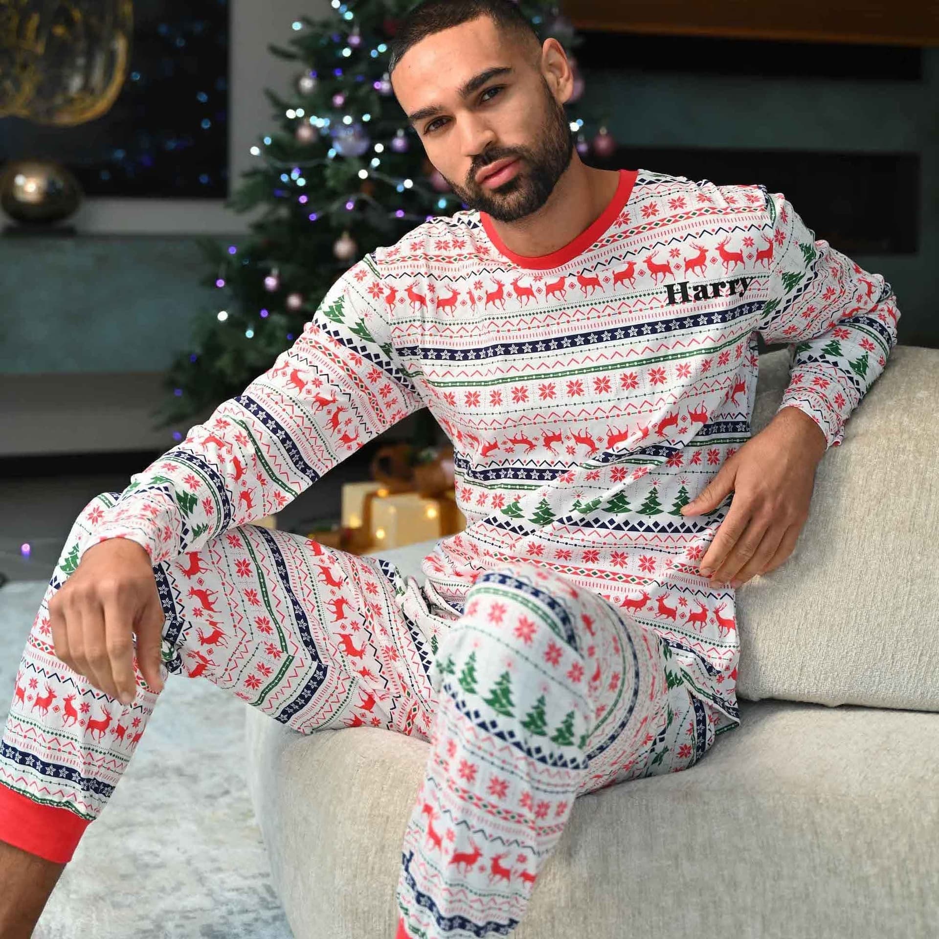 Lulabay Lulabay Men's Personalised Fairisle Christmas Pyjamas in White