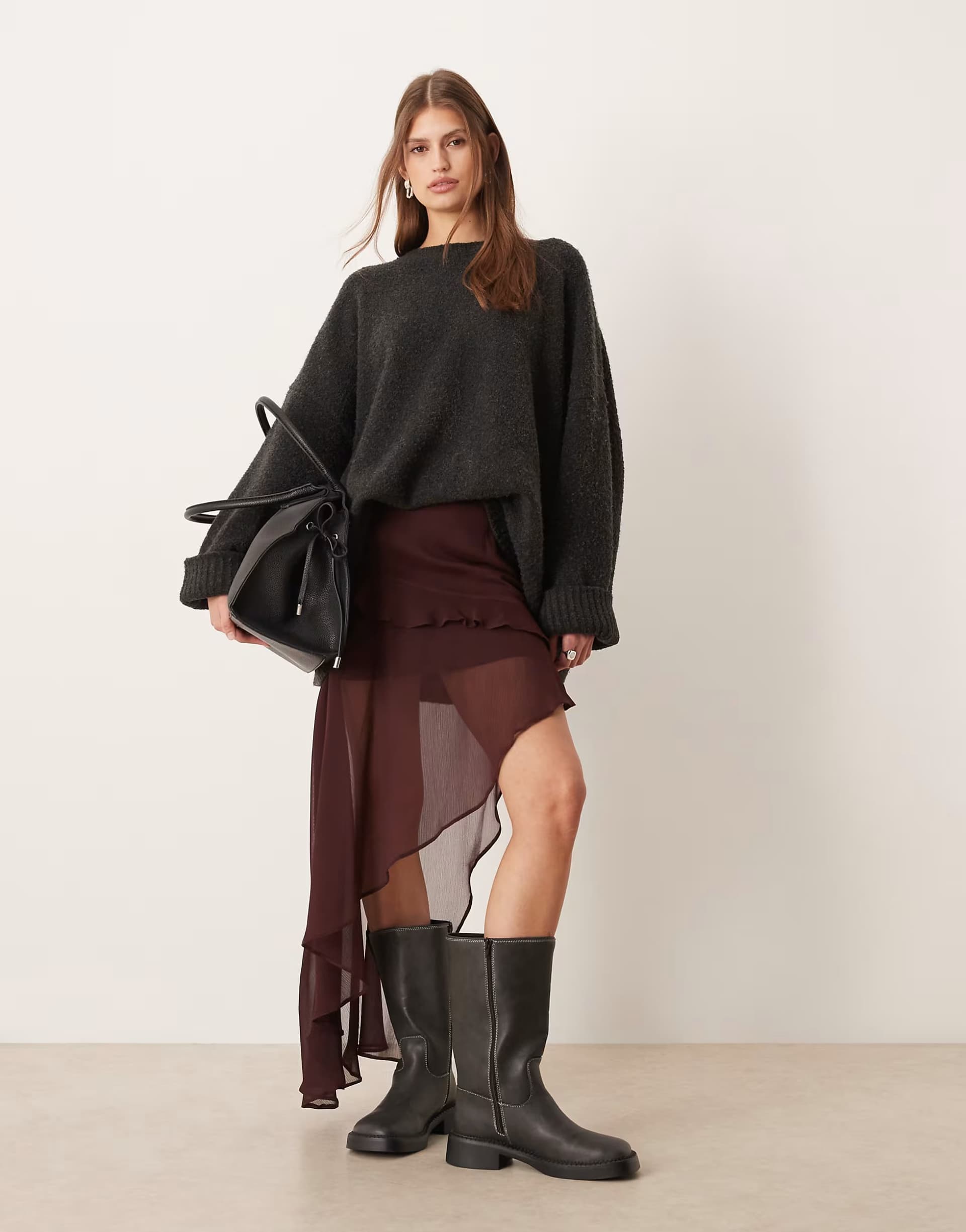 ASOS ASOS DESGIN asymmetric ruffle skirt in chocolate - BROWN