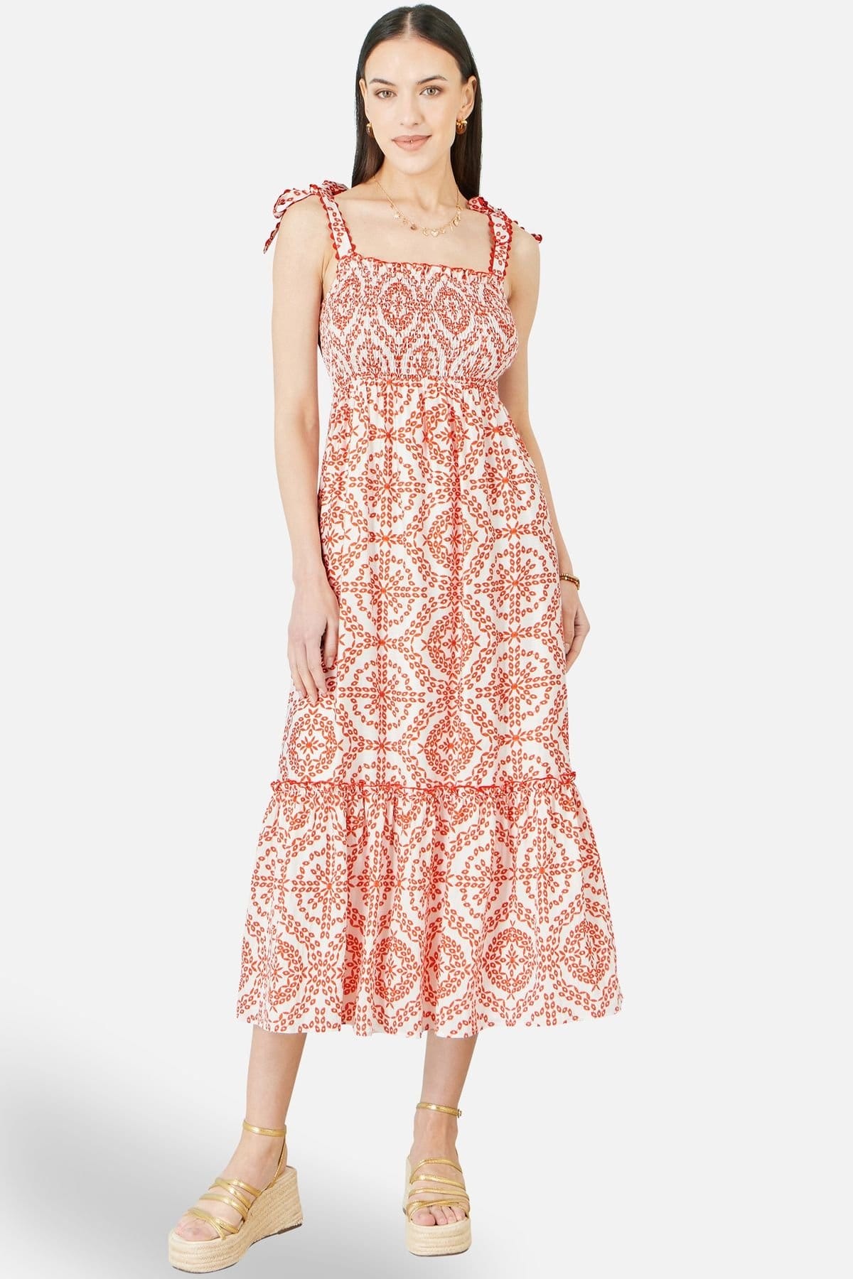 Yumi Red Viscose Ruched Tie Strap Midi Sun Dress