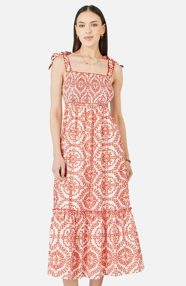 Yumi Yumi Women's Red Viscose Ruched Tie Strap Midi Sun Dress - 2