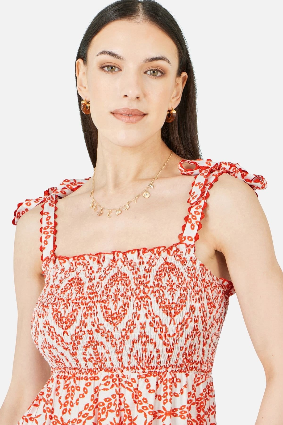 Yumi Yumi Women's Red Viscose Ruched Tie Strap Midi Sun Dress - 4