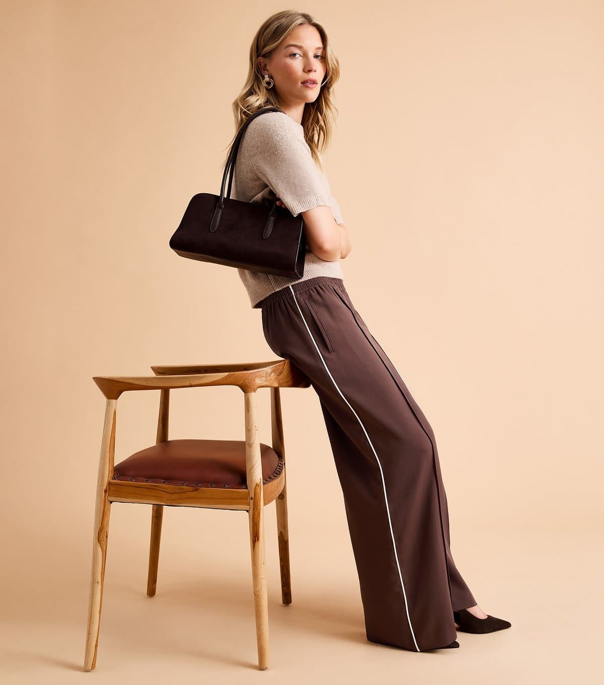 New Look Women's Dark Brown Pintuck Stripe Wide Leg Trousers New Look