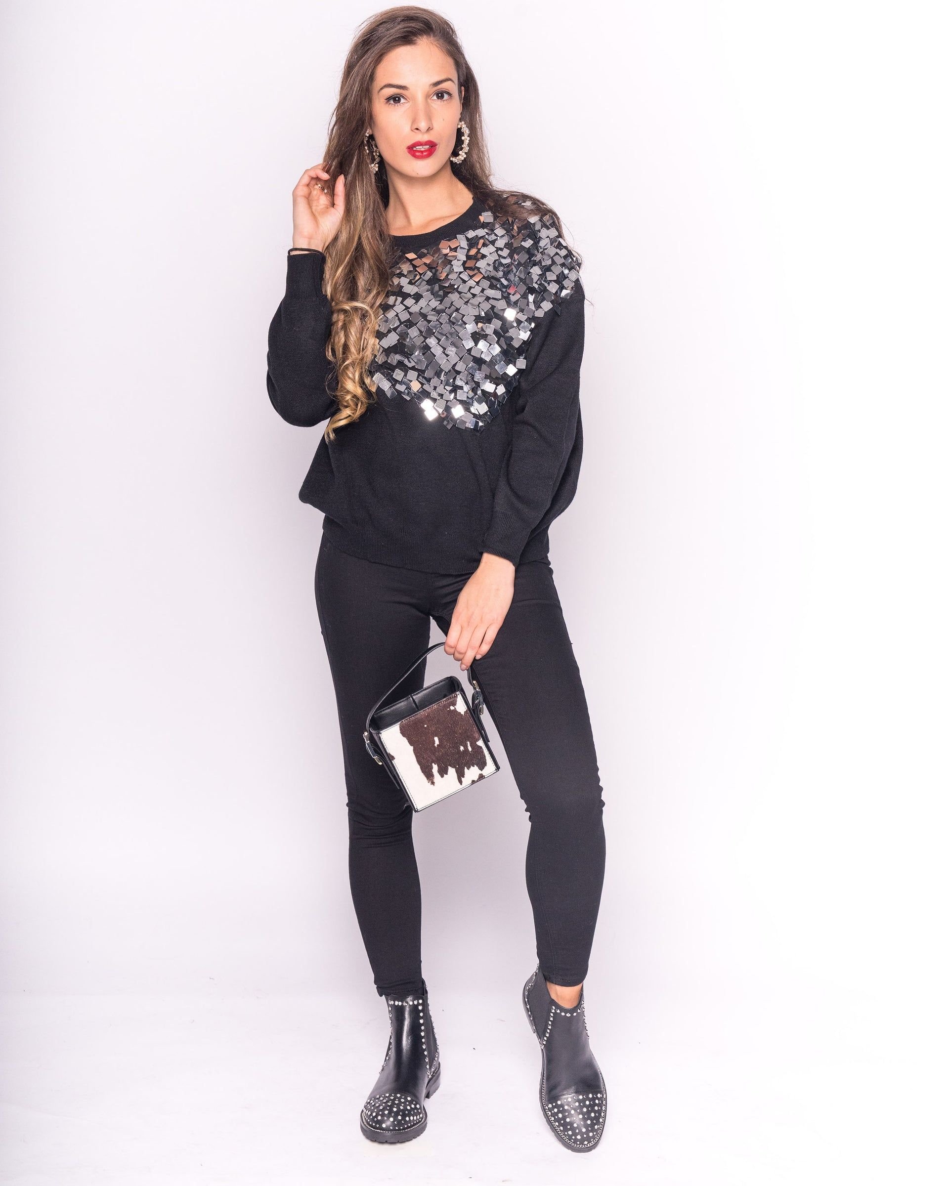 CY CY Women's Round-Neck Jumper with Mirror Sequin Embellishments in Black - 4