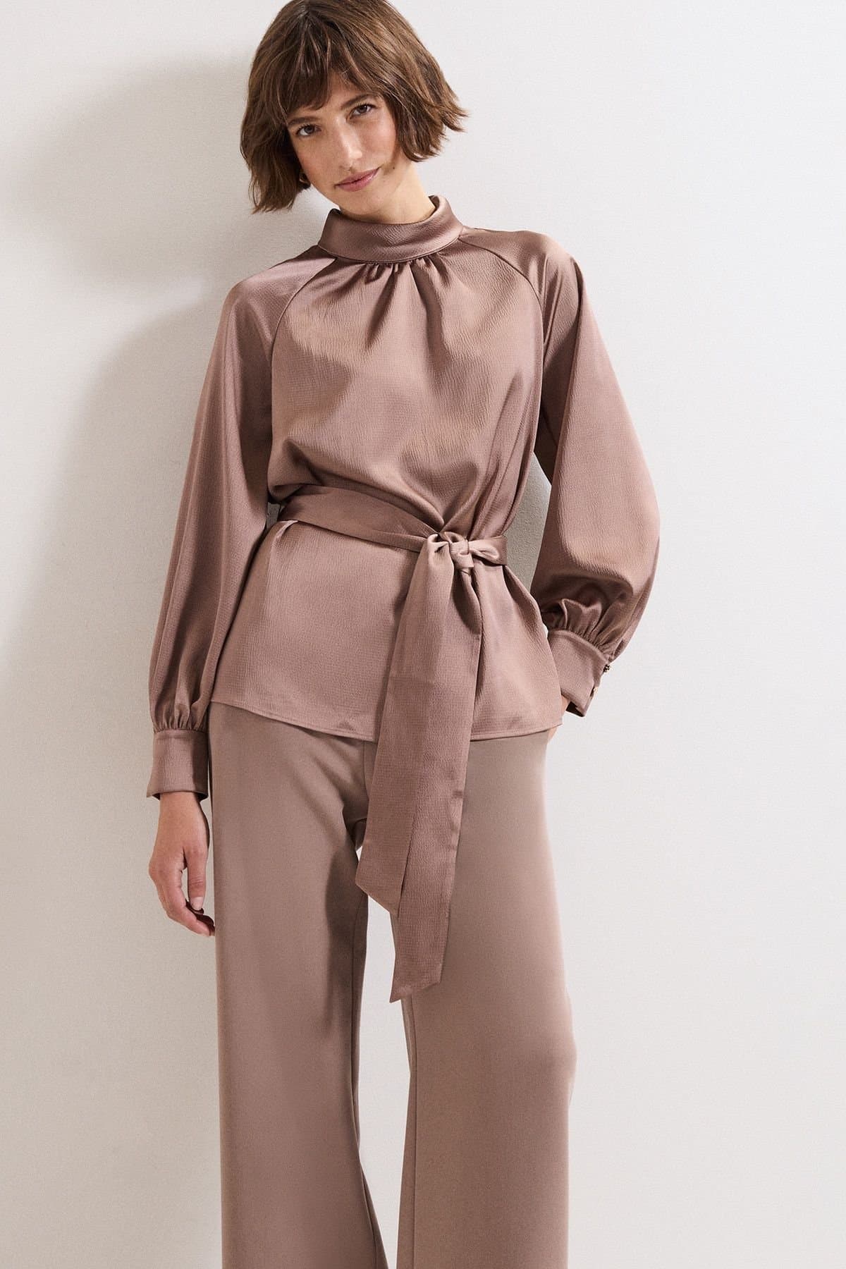 Phase Eight Phase Eight Chocolate Satin Blouse with High Neck