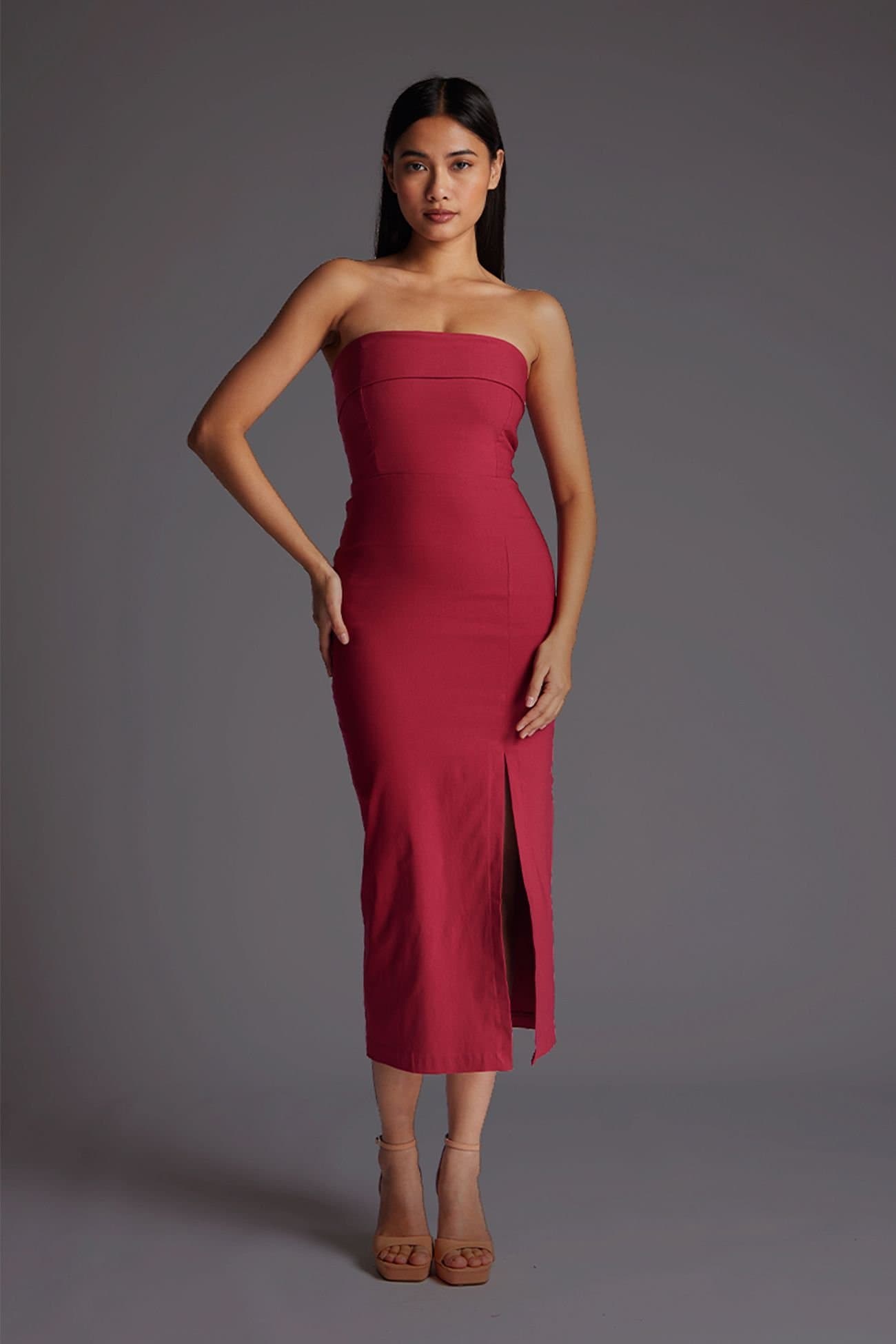 Vesper Vesper Women's Bandeau Fold Over Midaxi Dress in Raspberry