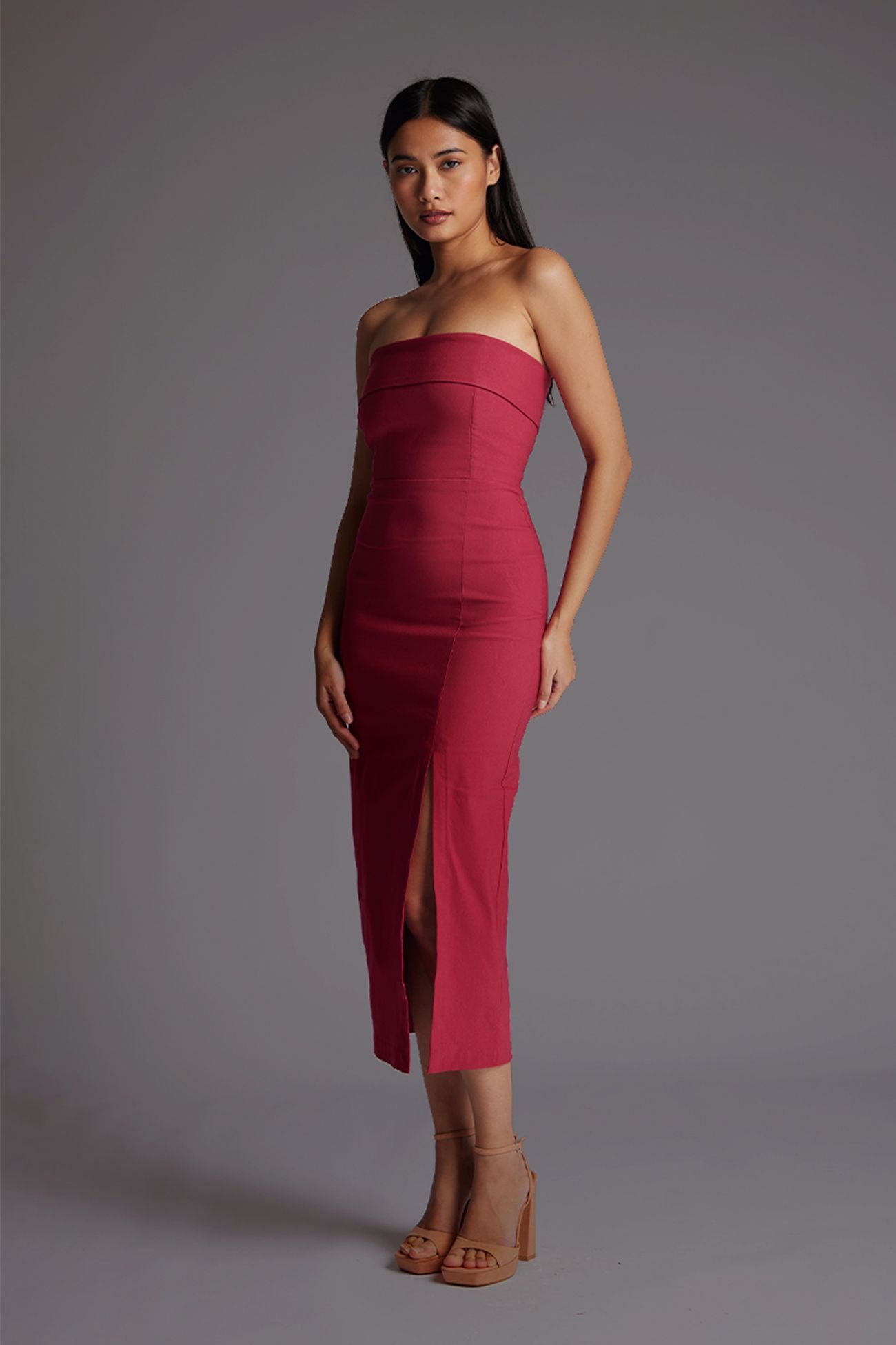 Vesper Vesper Women's Bandeau Fold Over Midaxi Dress in Raspberry - 2