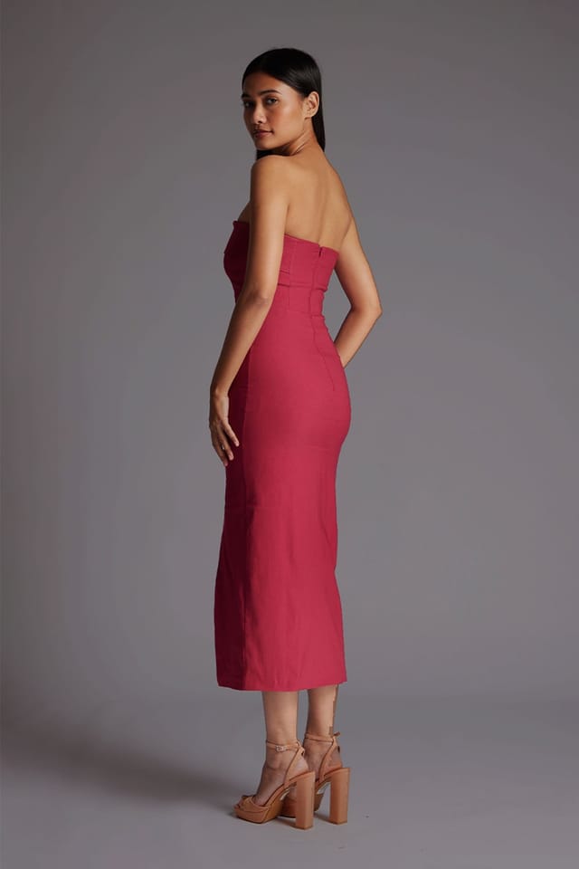 Vesper Vesper Women's Bandeau Fold Over Midaxi Dress in Raspberry - 3