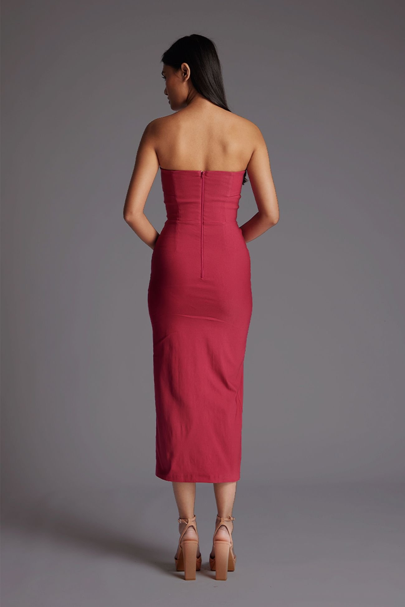 Vesper Vesper Women's Bandeau Fold Over Midaxi Dress in Raspberry - 4