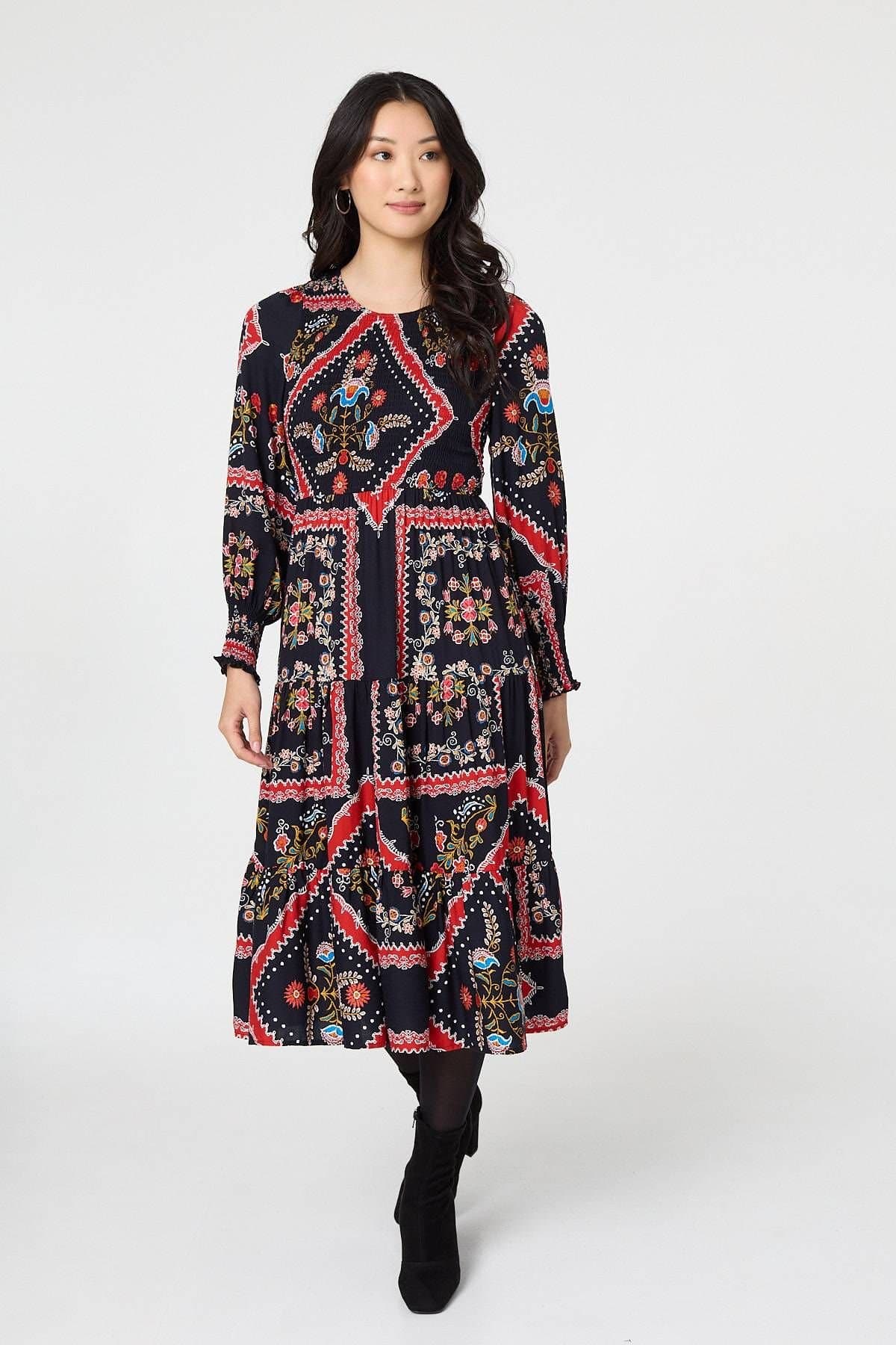 Izabel London Izabel London Women's Printed Smocked Long Sleeve Midi Dress in Navy