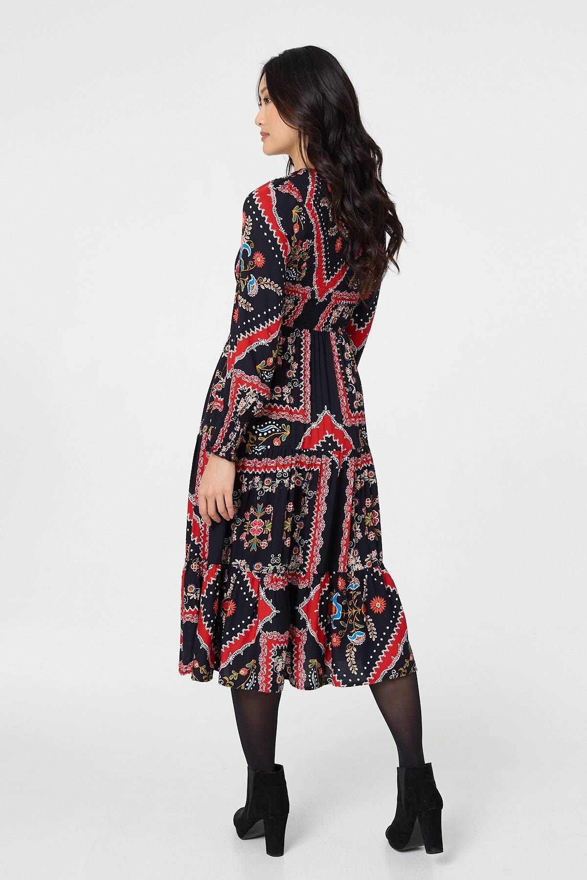 Izabel London Izabel London Women's Printed Smocked Long Sleeve Midi Dress in Navy - 2