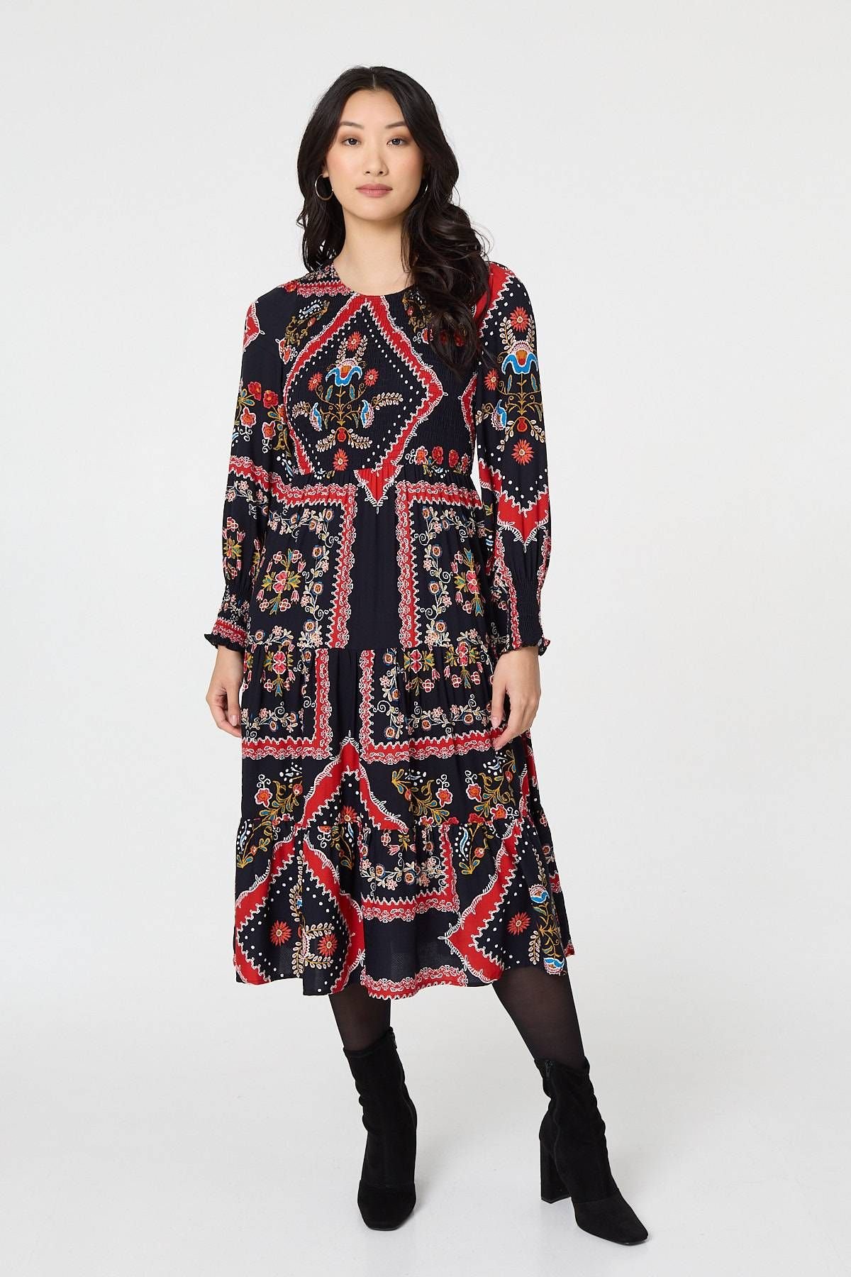 Izabel London Izabel London Women's Printed Smocked Long Sleeve Midi Dress in Navy - 3