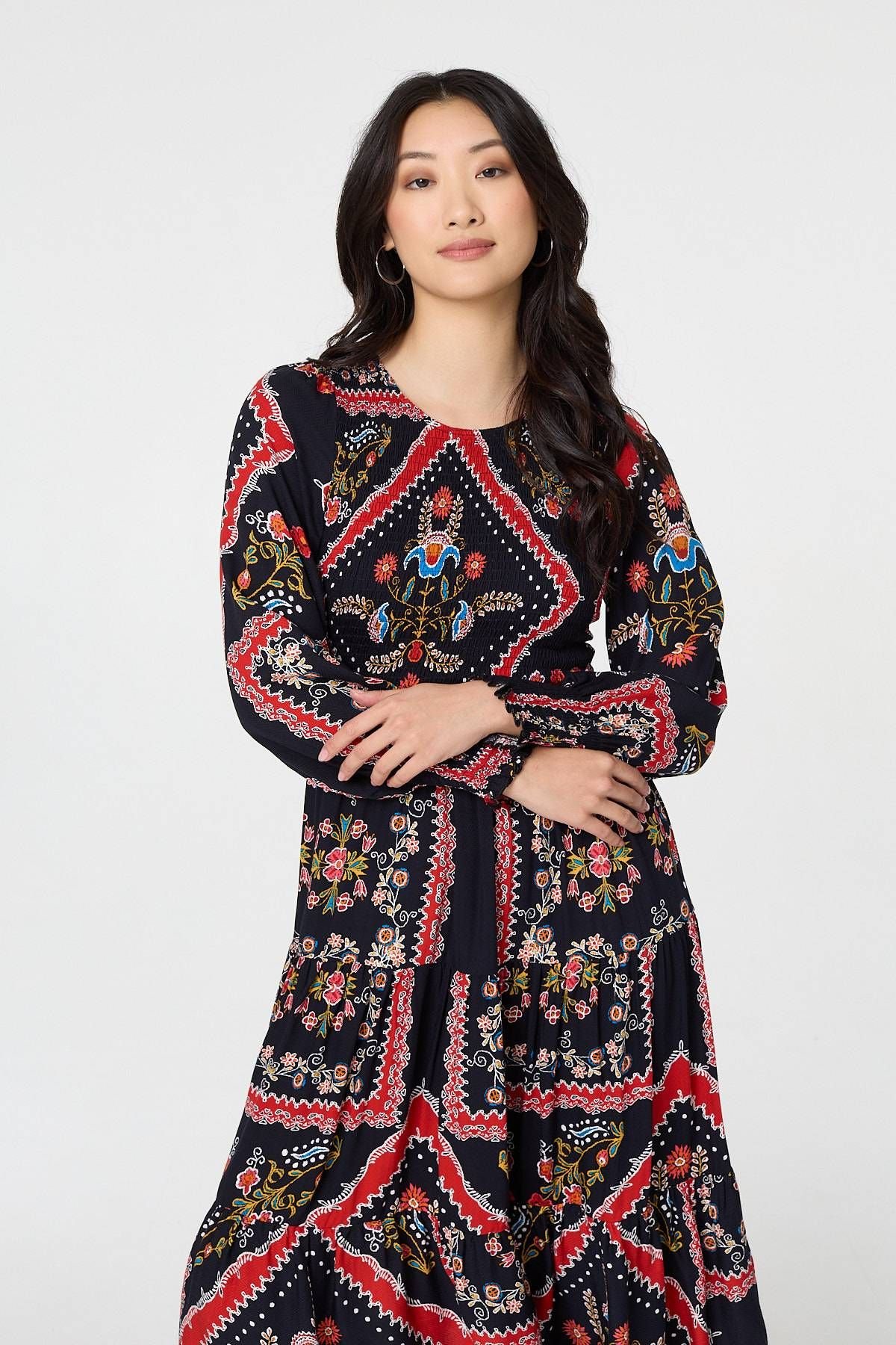 Izabel London Izabel London Women's Printed Smocked Long Sleeve Midi Dress in Navy - 4