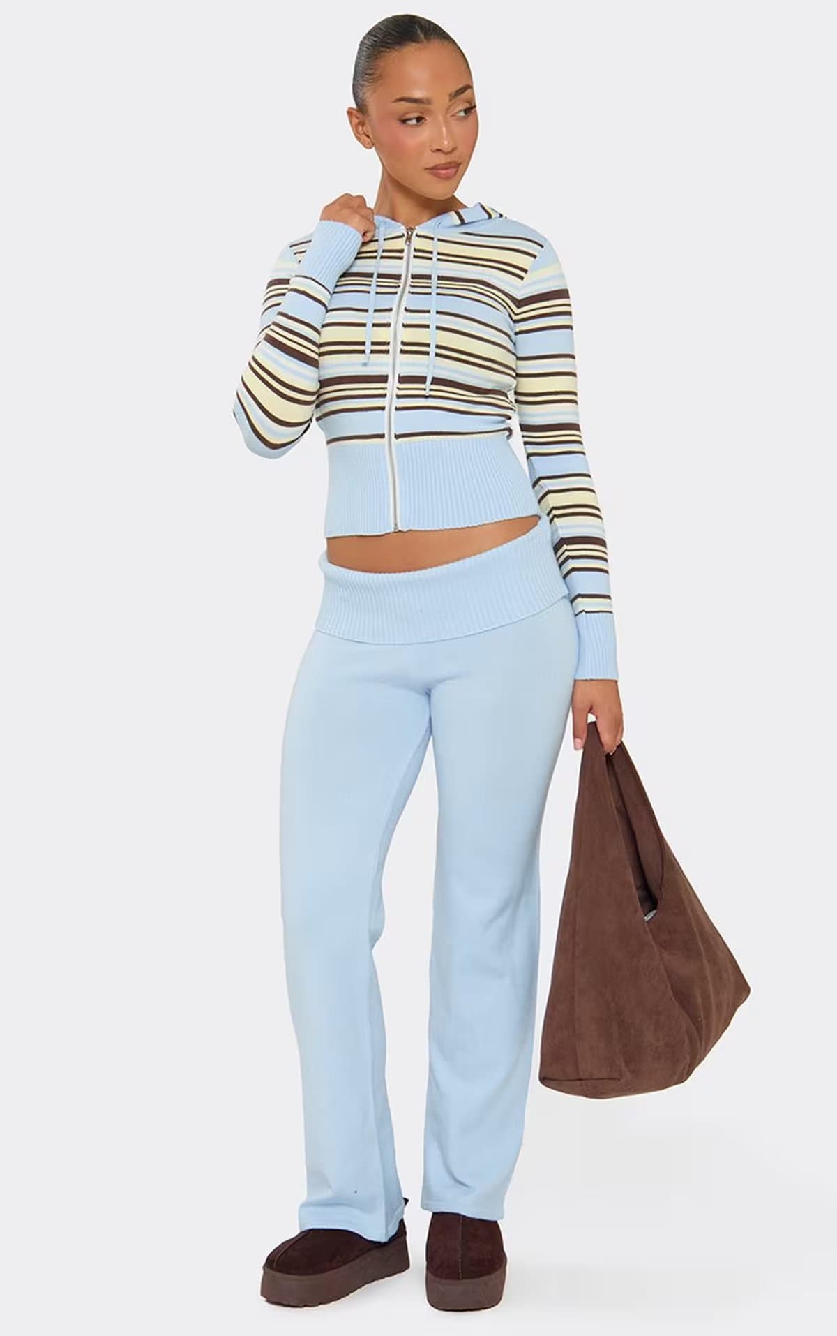 EGO Long Sleeve Ribbed Waistband Zip Up Hoodie In Blue Stripe Knit, Women's Size UK S