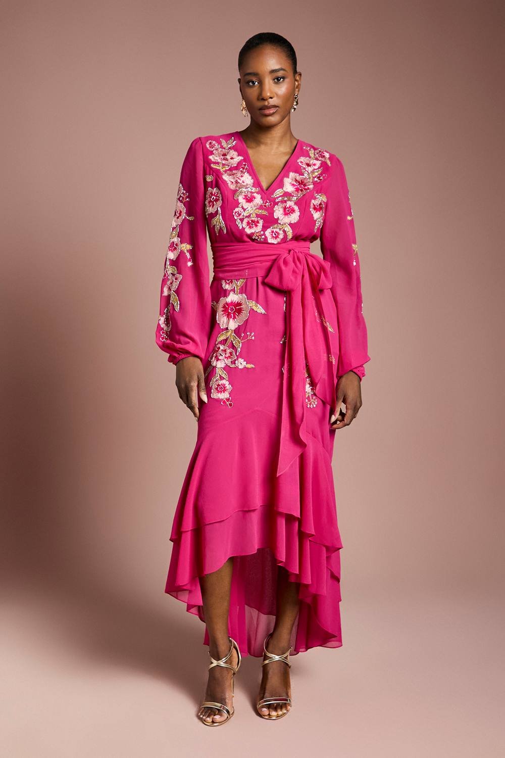 Coast Coast Women's Sequin Embellished & Embroidered High Low Maxi Dress in Raspberry - 2