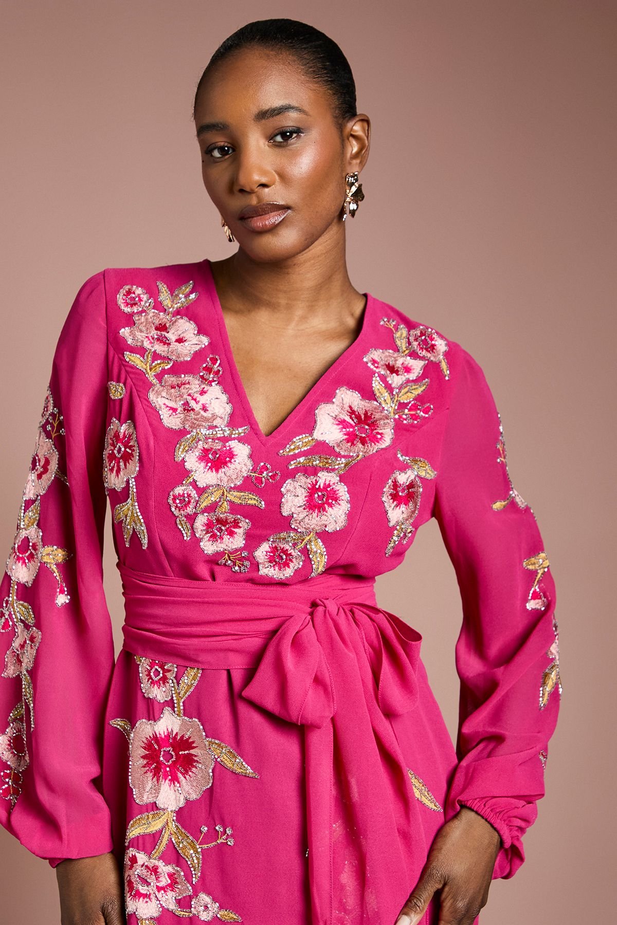 Coast Coast Women's Sequin Embellished & Embroidered High Low Maxi Dress in Raspberry - 4