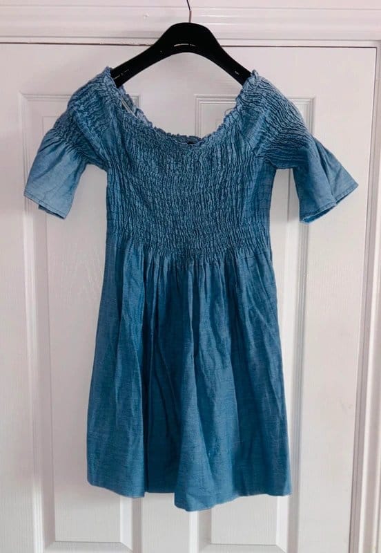 Boohoo Blue Denim Off-Shoulder Festival Dress