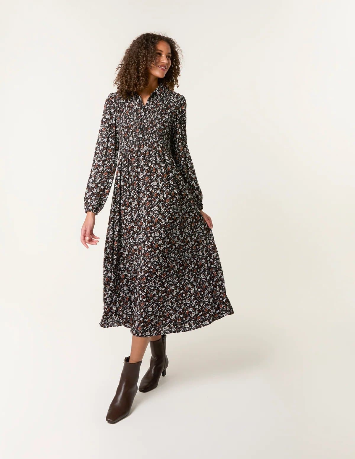 Blue Vanilla Ditsy Floral Long Sleeve Shirred Maxi Dress
