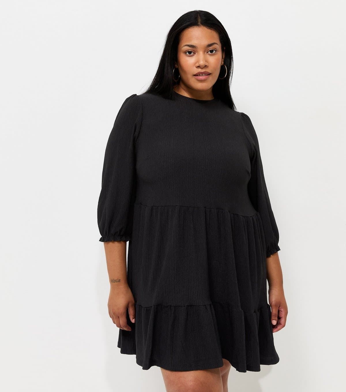 New Look Women's Plus Size Black Crew Neck Cropped Sleeve Mini Smock Dress Curves New Look