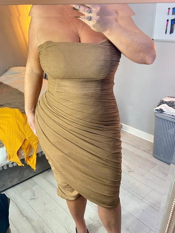 ASOS Asos rare London gold shimmer ruched midi dress