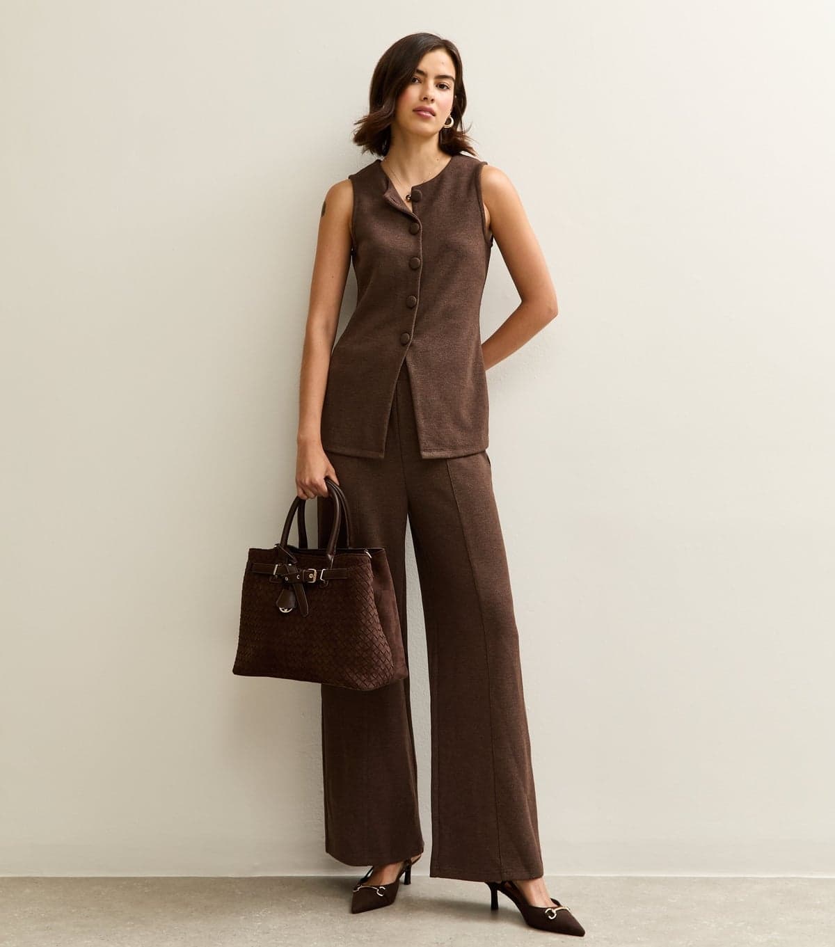 New Look New Look Dark Brown Soft Touch Wide Leg Trousers