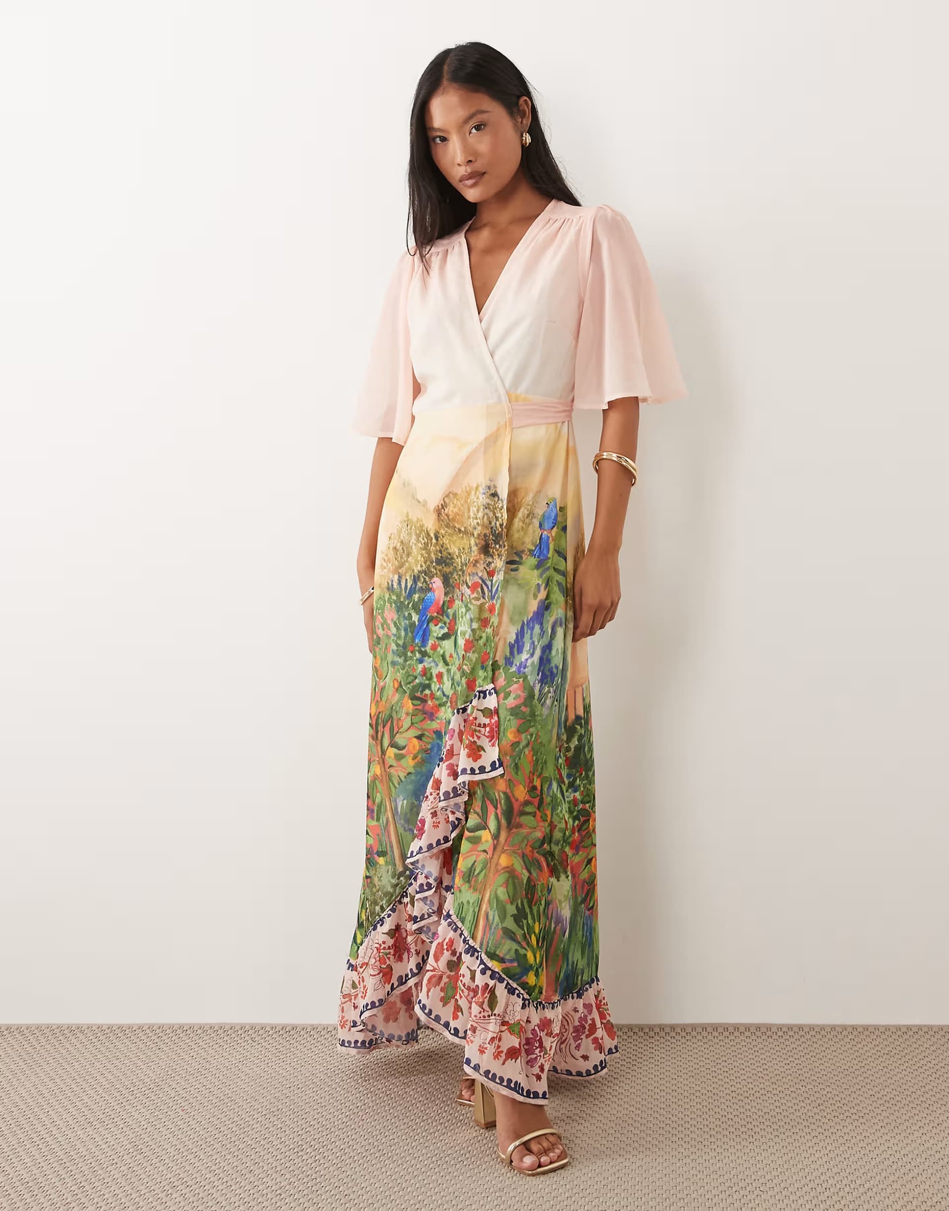 ASOS Hope & Ivy Petite flutter sleeve wrap maxi dress in pink floral boarder scene