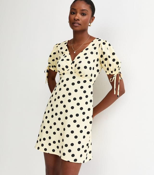 New Look Women's Yellow Crepe Polka Dot Tie Sleeve Mini Dress New Look - 2