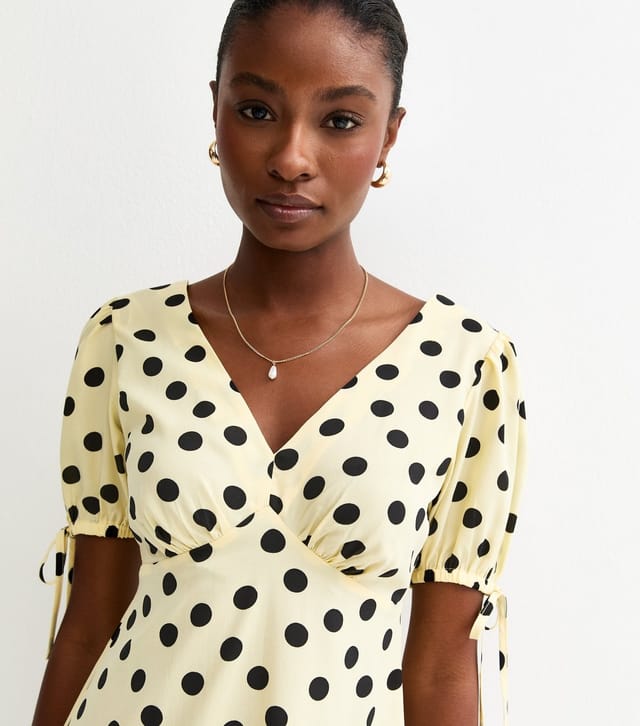 New Look Women's Yellow Crepe Polka Dot Tie Sleeve Mini Dress New Look - 3