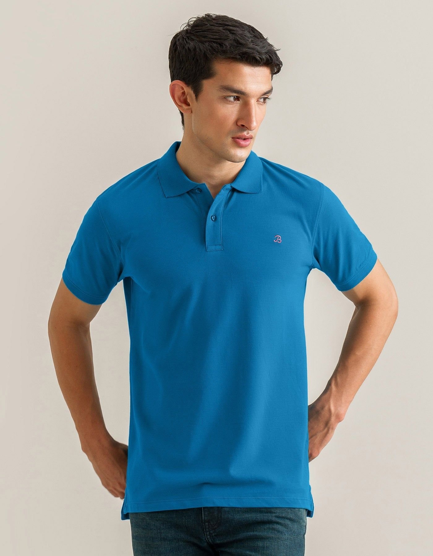 Brian Oak London Brian Oak London Men's Plain Cotton Polo - Turquoise in Bright Blue - 4