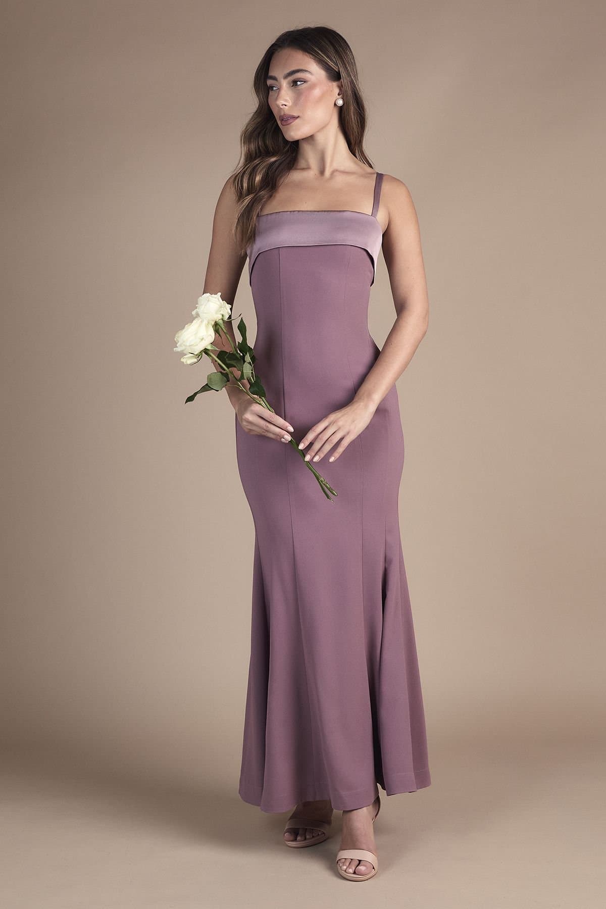 Coast Coast Women's Strappy Fitted Satin Trim Bridesmaid Dress in Dusty Mauve